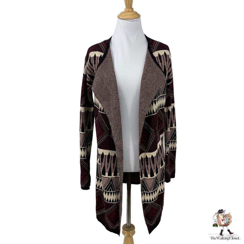 Bershka Knitwear Jacquard Cardigan Womens XS Extra Small Burgundy Tribal Draped